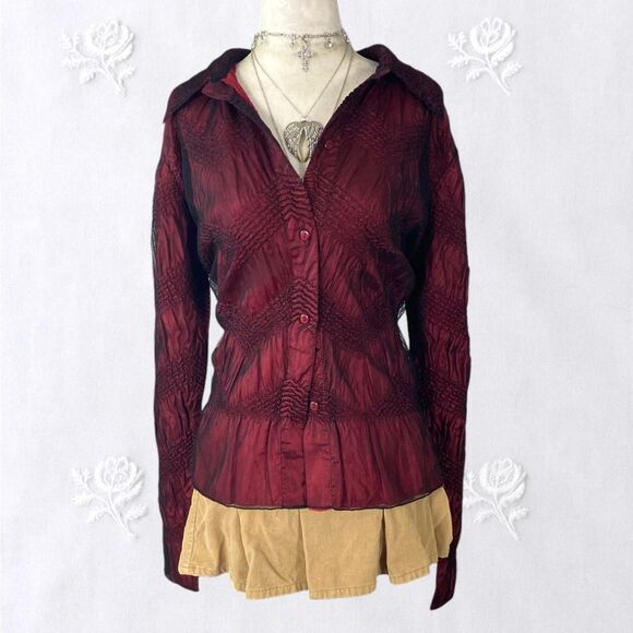 Whimsygoth Romantic Burgundy Black Crinkle Frilly Ruffle Button Up Mesh Blouse L - Picture 1 of 6